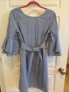 Nine West Navy and White Striped Bell-Sleeve Dress